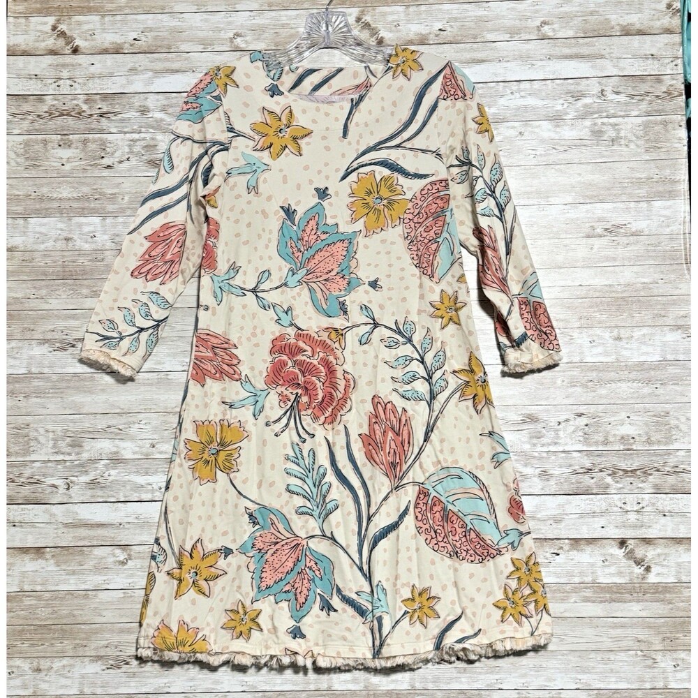 Spartina 449 Island Fringe Dress Floral Cream Pink Boho Knit Shift Sz XS Resort